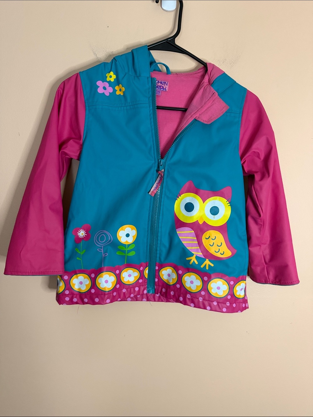 Girls' Hooded Owl Raincoat - Teal & Pink